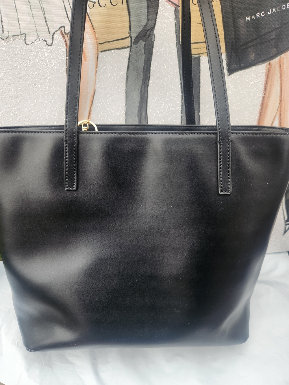 Kate Spade Black Leather Tote EUC w Free Unbranded Gold Cat Charm - Picture 10 of 12